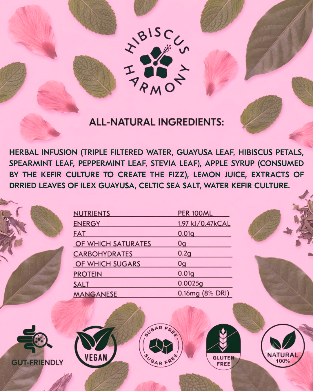 ingredient list of NU Hibiscus Harmony (guayusa + water kefir)